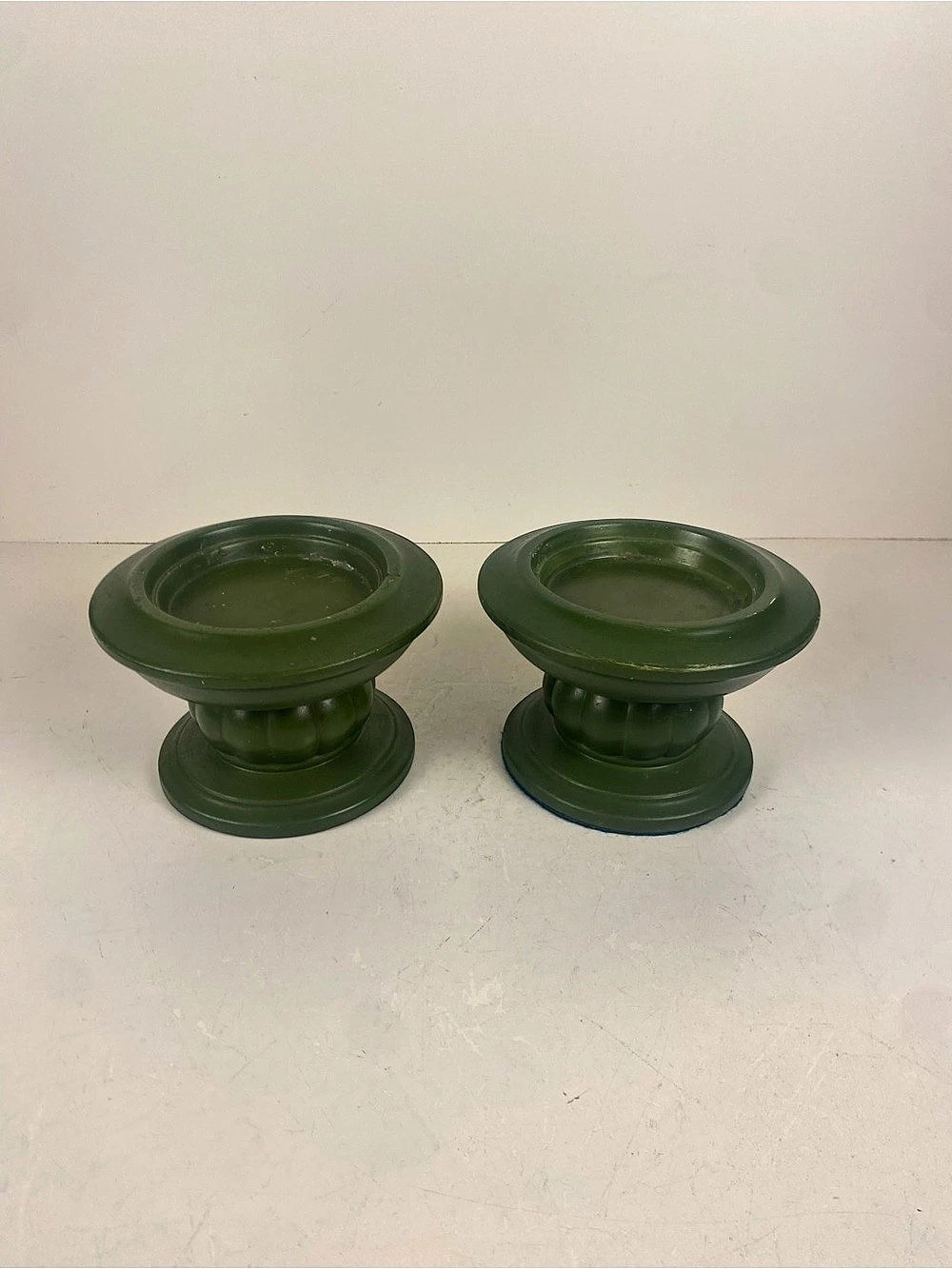 Vintage 70s Avocado Green Pillar Candle Holders Japan Sticker 5” Diameter